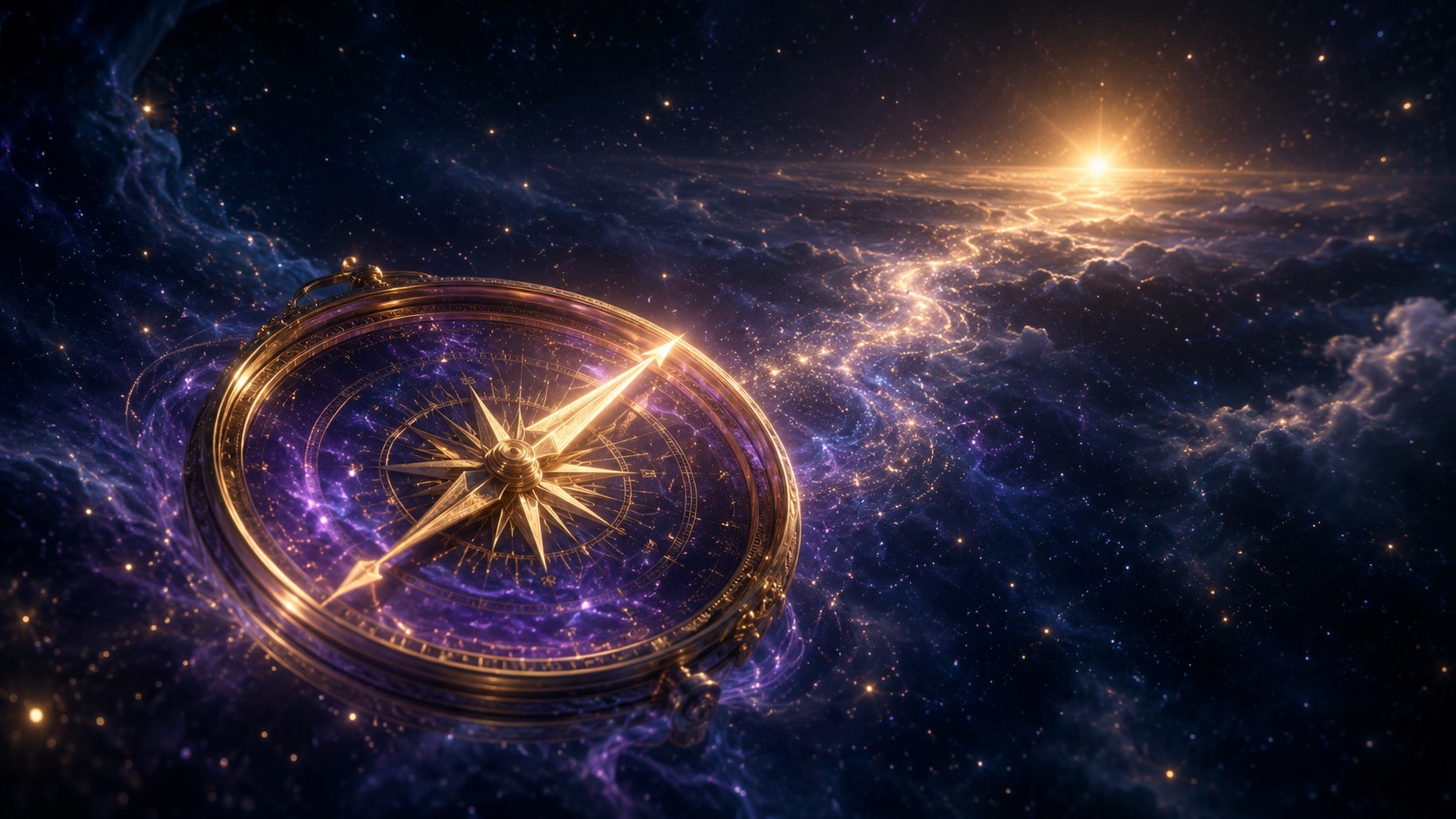 A glowing golden compass floating in a cosmic field, its needle pointing toward a distant light on the horizon